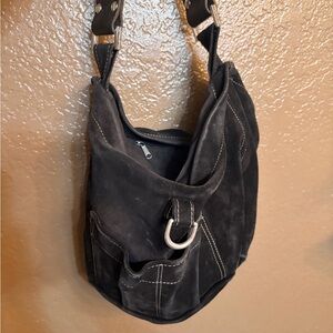 Tylie Malibu Black Suede Shoulder Bag with Silver Accent